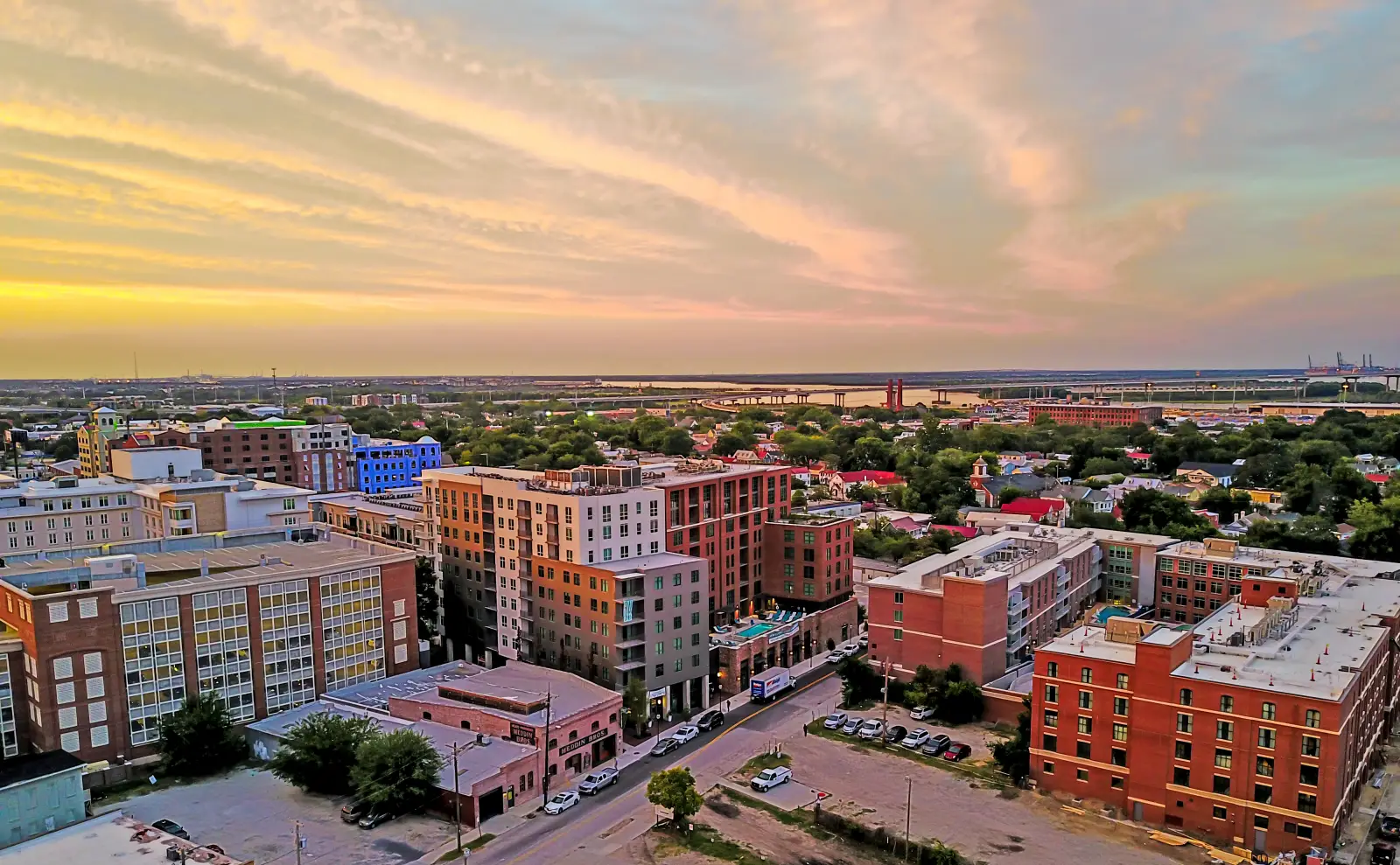 aerial city drone shot charleston skygarden student apartments